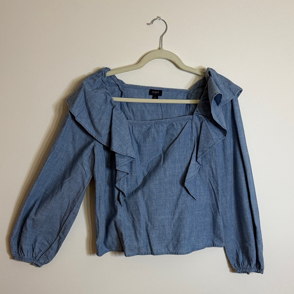 J. Crew Factory Chambray Blue Ruffle Blouse